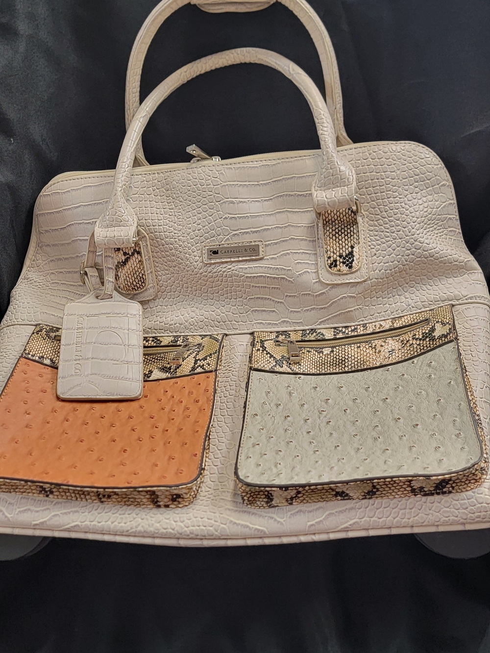 Cream Two-Pocket Croc-Embossed Tote with Tan & Beige Accents